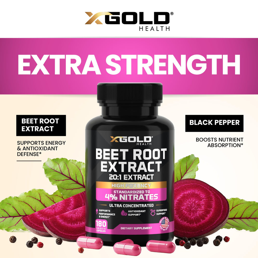 Beet Root Extract 20:1- Concentrated Beet Root Capsules Supplement w/Black Pepper - High Nitrates - Natural Nitric Oxide Booster - Highly Concentrated & Bioavailable - Made in USA -180 Caps