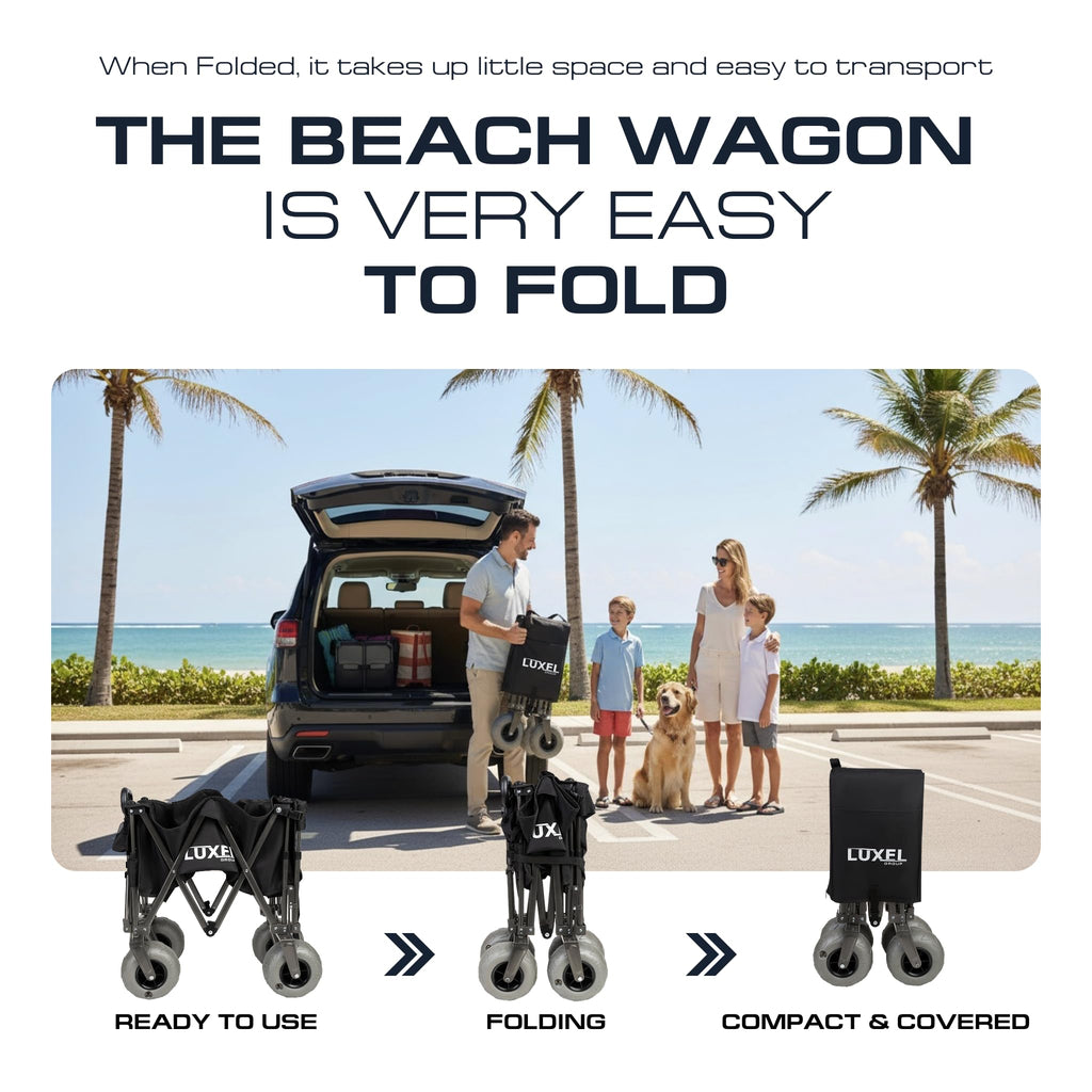 Beach Wagon with Big Wheels for Sand 9" PU Tires Collapsible Wagon, Black