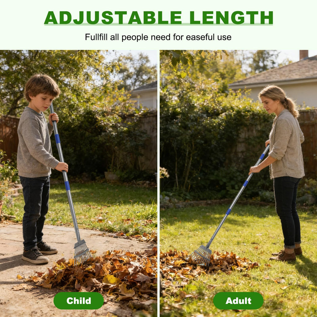Gixmuoiy Garden Rake for Leaves, Heavy-Duty Small Metal Rake for Lawn, Yard, Garden Beds, Debris & Shrubs, 6 ft Adjustable Handle for Kids and Adults