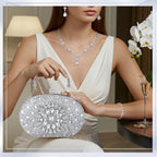 Quelay 4 Pcs Purse Rhinestone Jewelry Set for Wedding Bridal Women Evening Clutch Bag Necklace Dangle Earrings Bracelets(Silver,Stylish Style)
