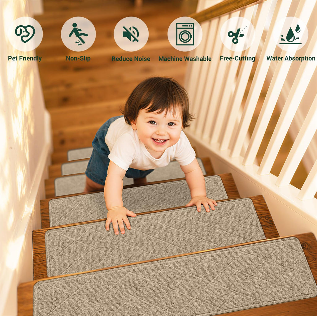 TranquilMoments Stair Treads Non-Slip for Wooden Steps, 4Pack - 8" x 30" Edging Stair Runner Indoor for Kids Elders & Pets, Washable Carpet Stair Treads with Peel & Stick Reusable TPE Backing, Beige