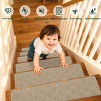 TranquilMoments Stair Treads Non-Slip for Wooden Steps, 4Pack - 8" x 30" Edging Stair Runner Indoor for Kids Elders & Pets, Washable Carpet Stair Treads with Peel & Stick Reusable TPE Backing, Beige