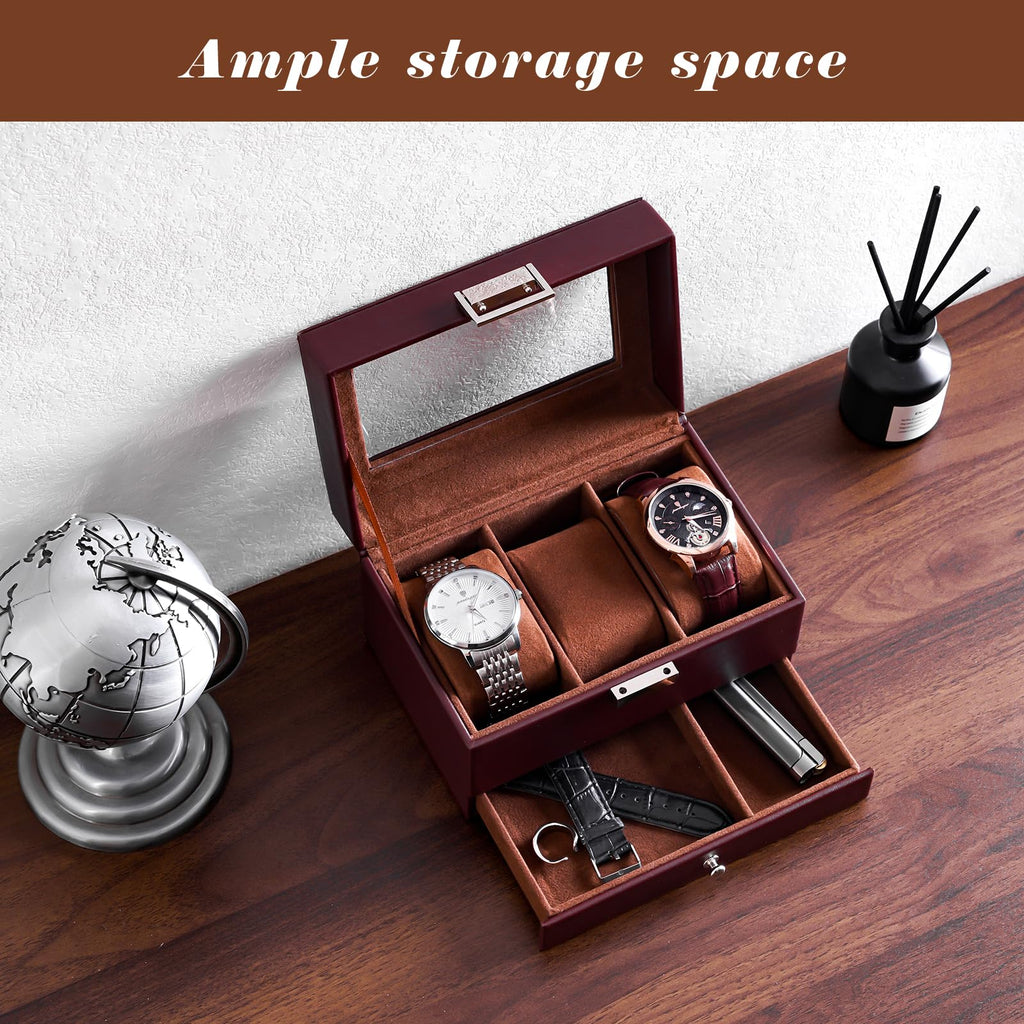 ProCase Watch Box, 3 Slot Watch Display Case with Drawer -Espresso