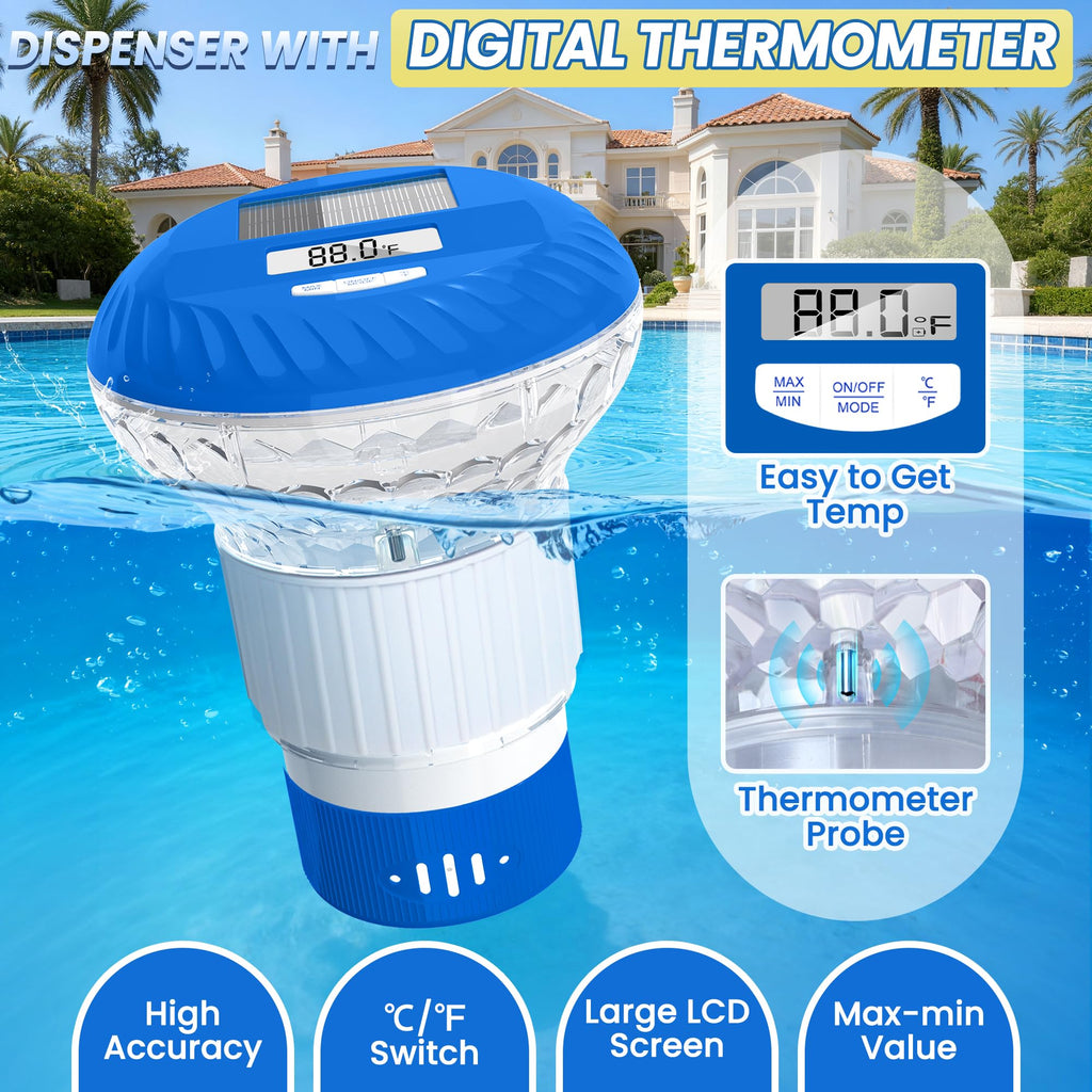 FineBud 2026 Upgraded Pool Chlorine Floater with Thermometer, Digital Screen Pool Chlorine Floater,Solar Pool Chlorine Floaters with Light, Button Control Floating Chlorine Dispenser for Pool (Blue)