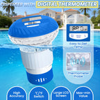 FineBud 2026 Upgraded Pool Chlorine Floater with Thermometer, Digital Screen Pool Chlorine Floater,Solar Pool Chlorine Floaters with Light, Button Control Floating Chlorine Dispenser for Pool (Blue)