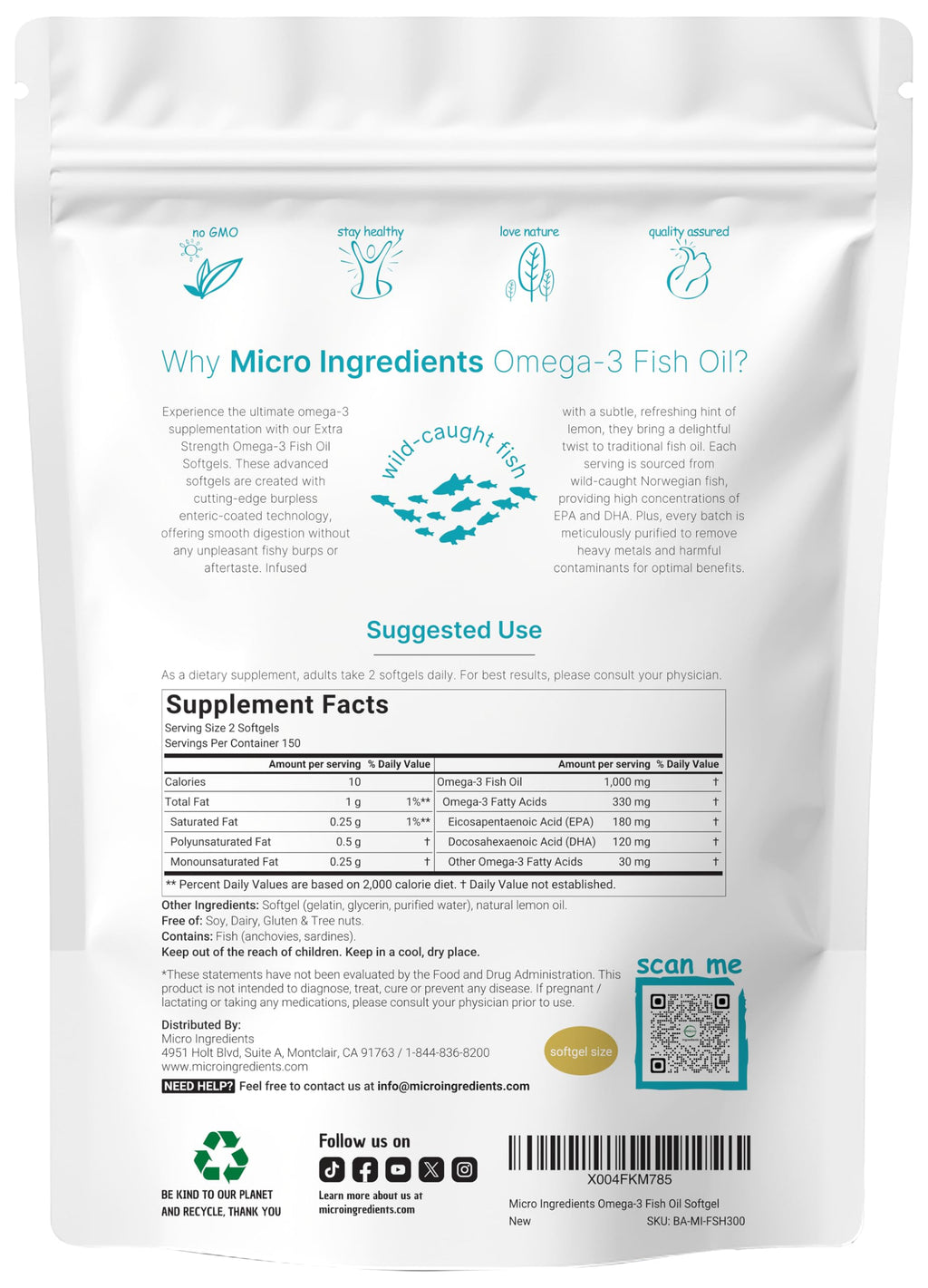 Micro Ingredients Extra Strength Omega 3 Fish Oil Supplements 1,000mg Per Serving, 300 Softgels | Lemon Flavored | Burpless | EPA 180mg + DHA 120mg | Deep Sea Fish