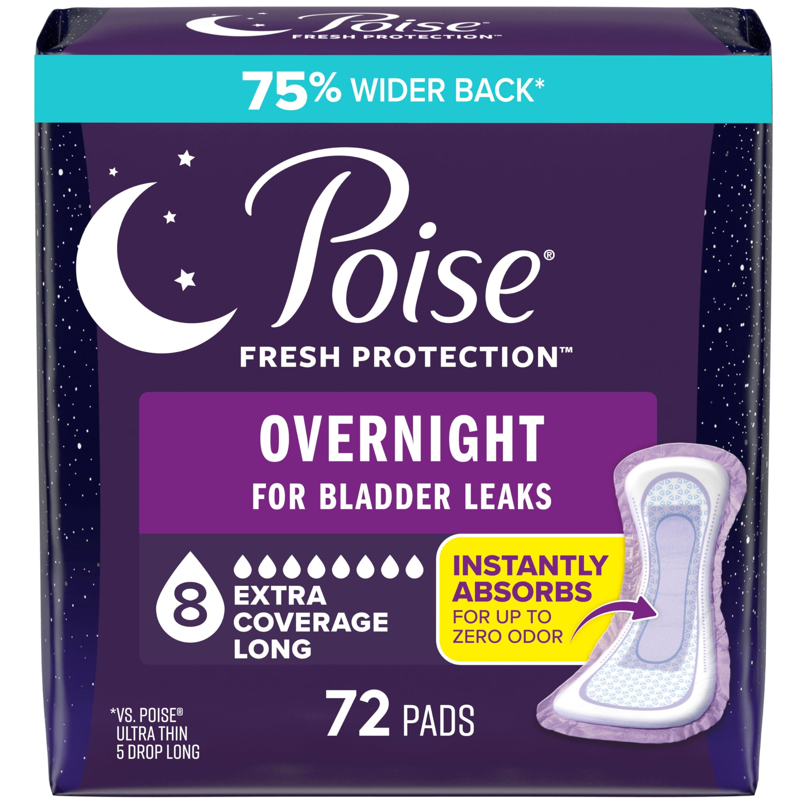 Poise Incontinence Pads & Postpartum Incontinence Pads, 8 Drop Overnight Absorbency, Extra-Coverage Length, 72 Pads (2 Packs of 36), Packaging May Vary