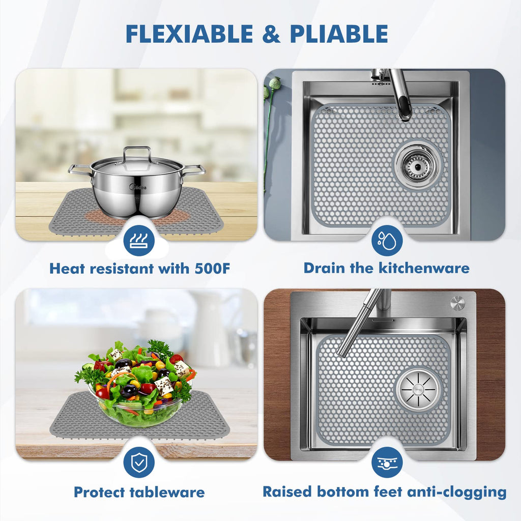 Bestjing 2 Pack Silicone Kitchen Sink Protector Mat with Rear Drain - 13.58''x 11.6'' Kitchen Sink Accessory, Folding Non-Slip Heat Resistant Mat Grid for Bottom of Porcelain Stainless Steel