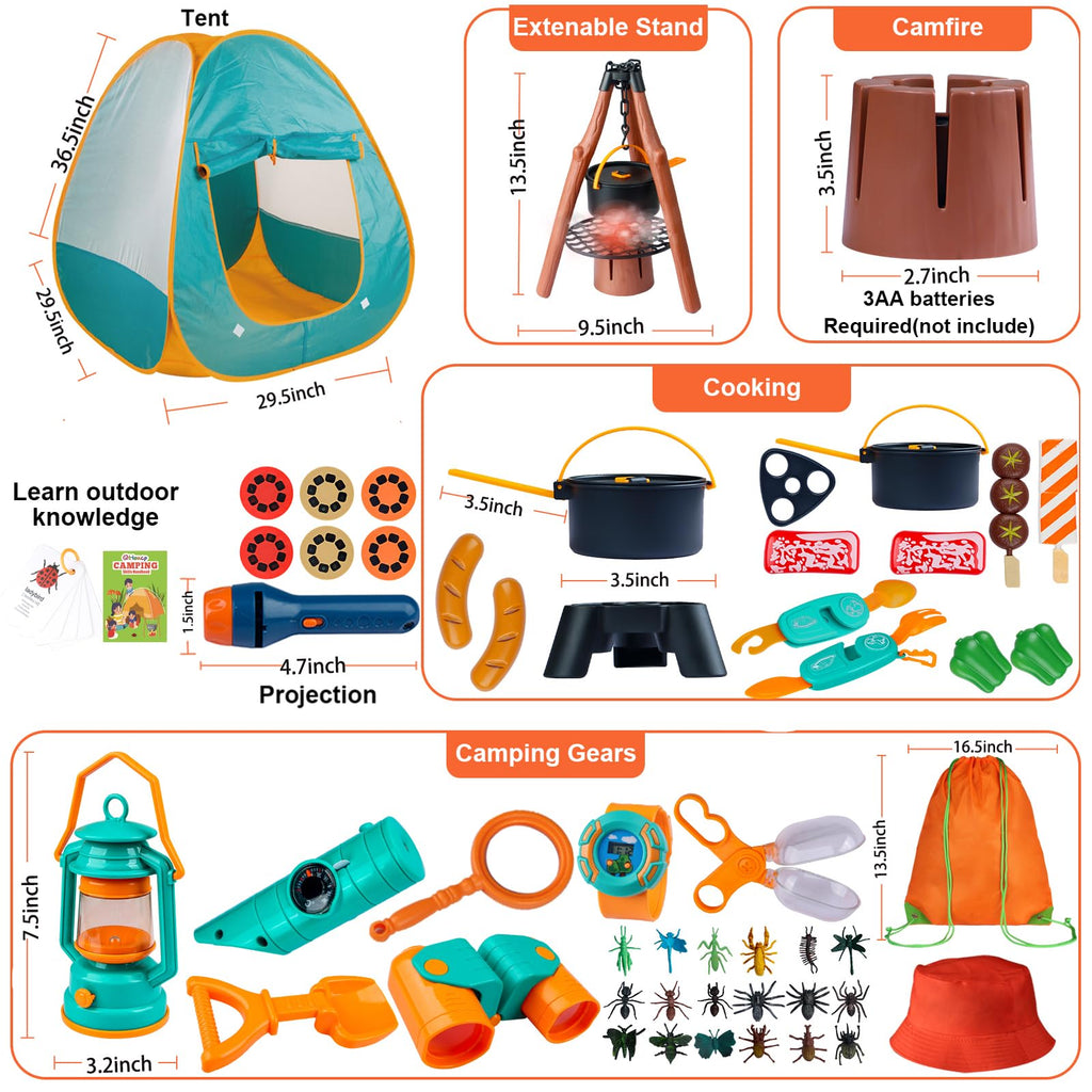 Qtioucp Kids Camping Set 50pcs with Tent & Space Projector Flashlight- Outdoor Campfire Toy Set for Toddlers Kids - Pretend Play Camp Gear Tools for Birthday Christmas