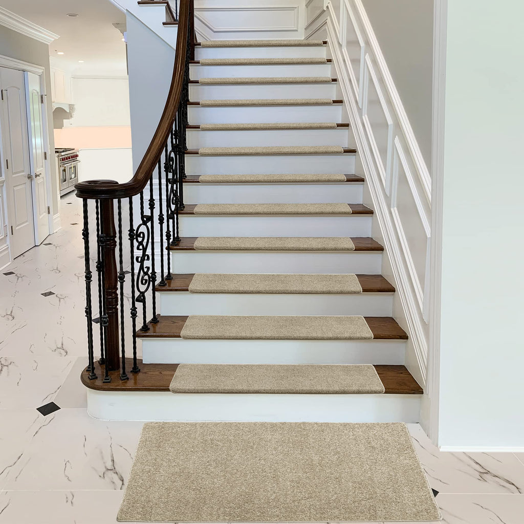 PURE ERA Bullnose Carpet Stair Treads Set Tape Free Non-Slip Indoor Stair Protectors Pet Friendly Rugs Covers Soft Skid Resistant Washable Reusable 9.5" x 30"(2 Pieces,Cream Gray)