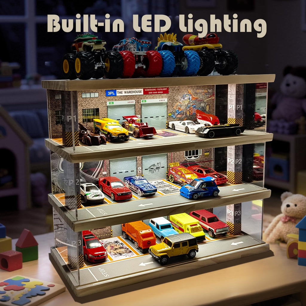 Storage Display Garage Compatible with Hot Wheels - Toy Car Garage with Lights, Freestanding Display Case, Parking Garage Diorama for 1/64 Scale Diecast Cars with 4 Levels 24 Spots Maximum 40 Cars