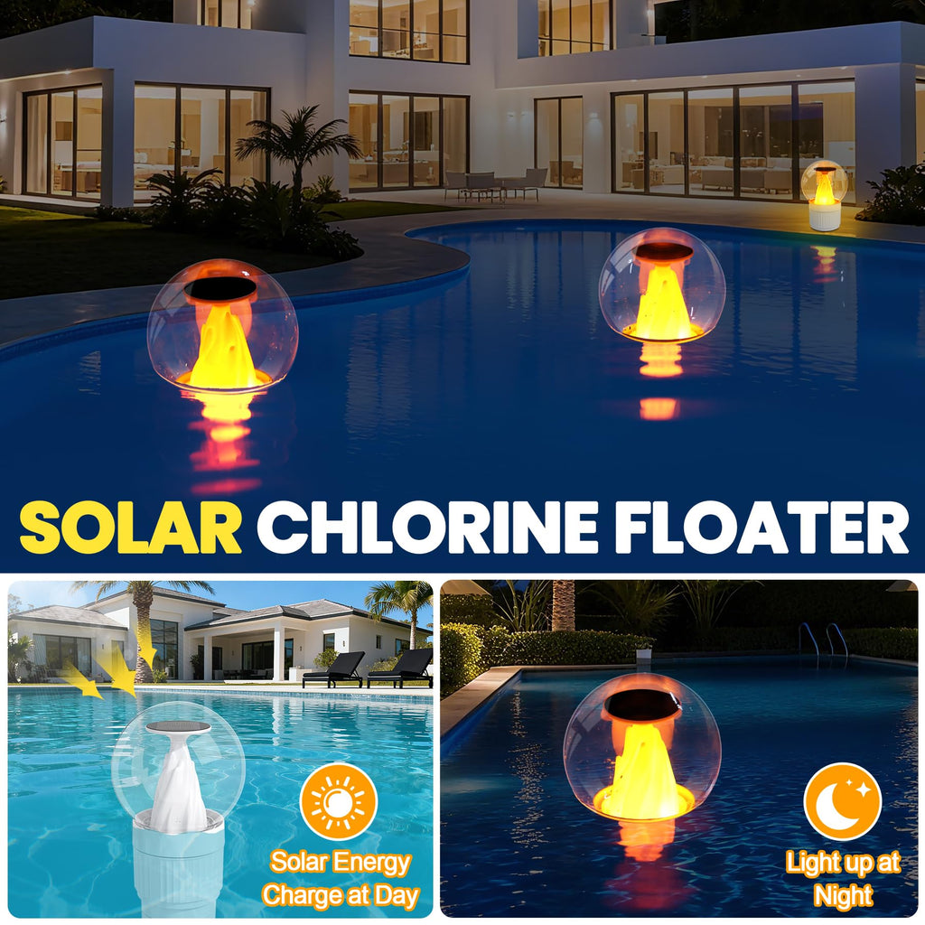ChlorBlu Solar Chlorine Floater,Chlorine Floater with Solar Flame Light,Adjustable Release Floating Chlorine Dispenser for Pool,Large Capacity Pool Chlorine Floater,Chlorine Floater for Hot Tub(White)