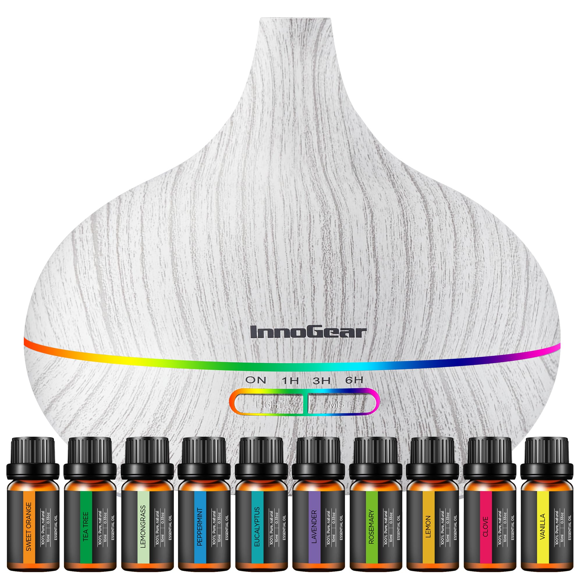 InnoGear Aromatherapy Diffuser & 10 Essential Oils Set, 400ml Diffuser Ultrasonic Diffusers for Home Cool Mist Humidifier with 4 Timers 7 Colors Light Waterless Auto Off, White Grey