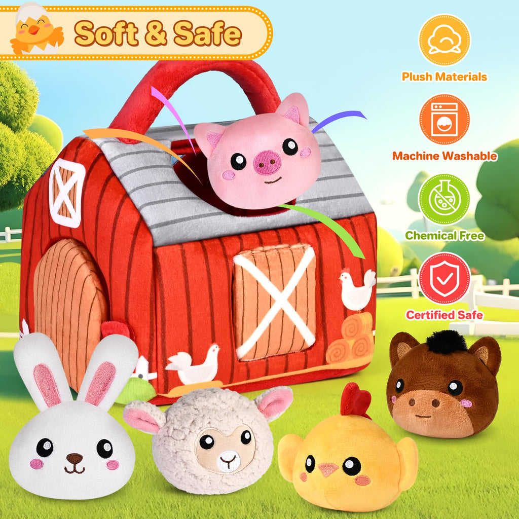 Baby Toys 0-12 Months, Plush Toy Set- 4 Sensory Soft Toys with Crinkle, Rattles for 0-3-6-9-12 Month Newborn Infant, 1st Birthday for Babies Boys Girls Age 1+ (Barn with Farm Animals)