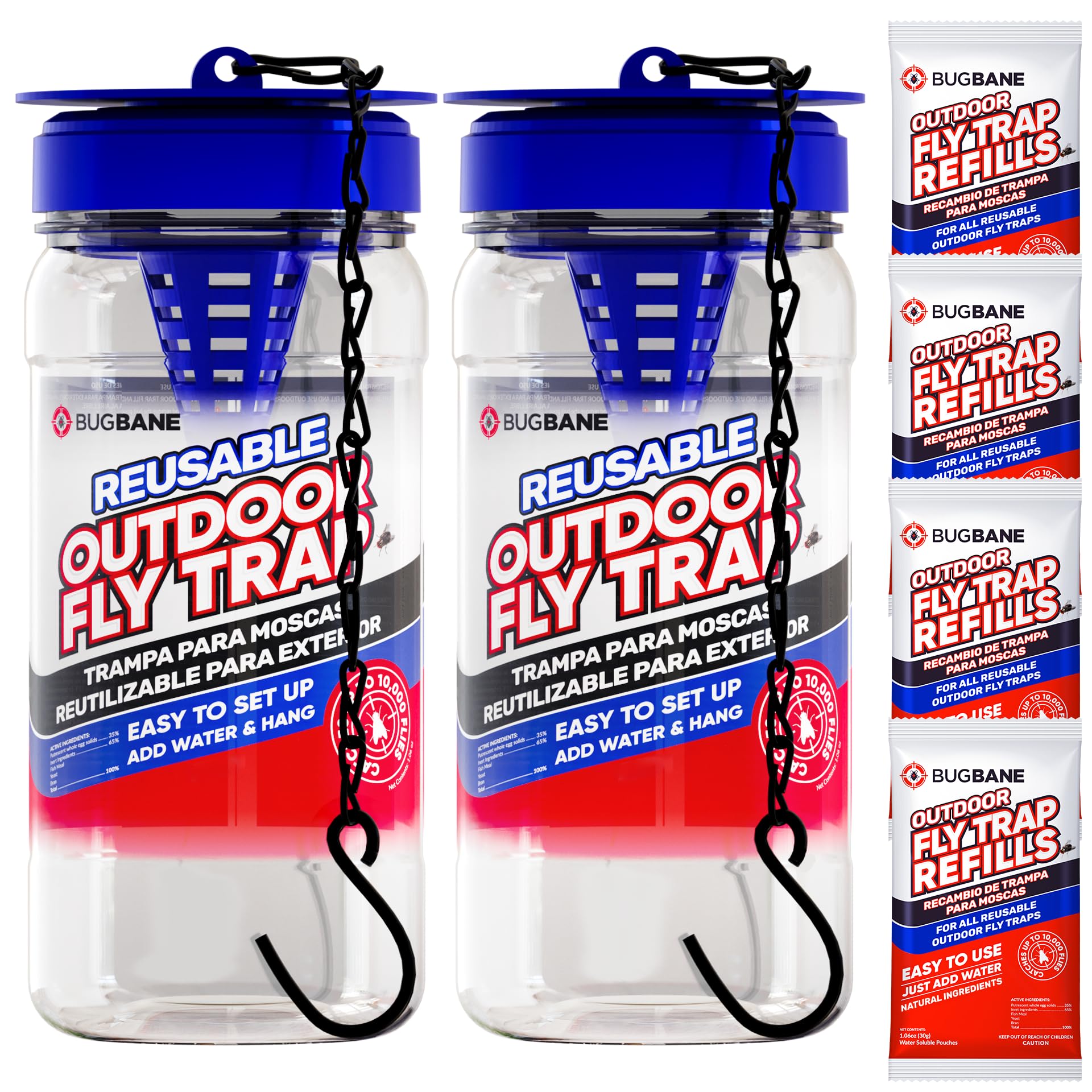 2 Fly Traps Outdoor Fly Trap for Patio with 4 Non-Toxic Dissolvable Bait Refills. Reusable Hanging Bug Catcher Killer for All Filth Flies for Outside Bug Control Yard Ranch. Hanging Chains Included.