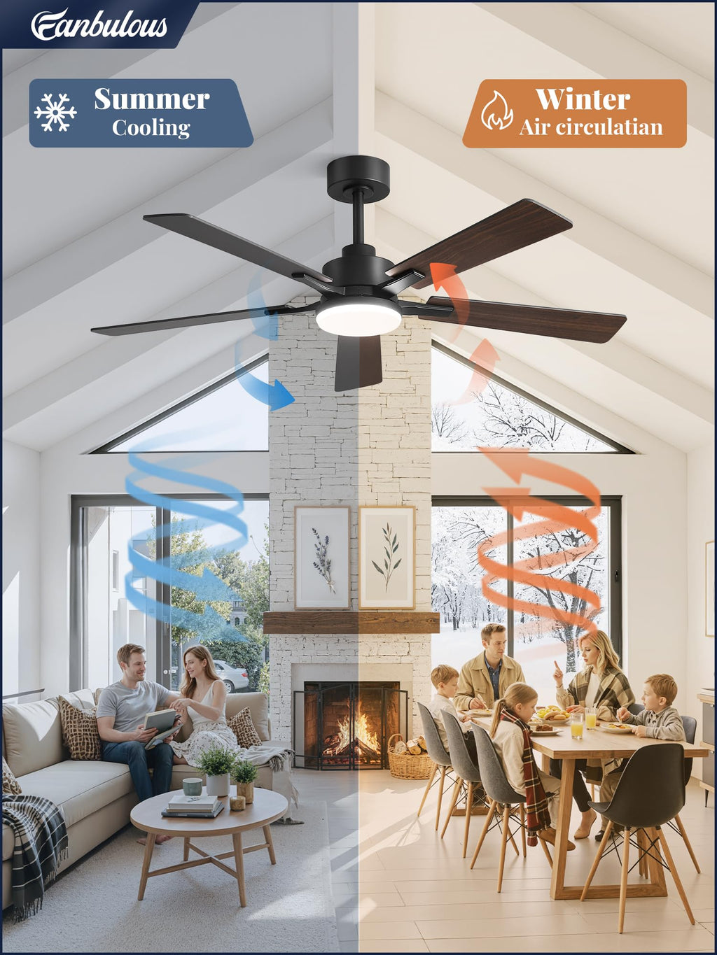 52 Inch Ceiling Fan with Light and Remote, 6 Speeds Reversible DC Motor Ceiling Fans for Bedroom Living Room Patio, 3CCT Dimmable LED, 5 Wood Blades, Downrod Mount, Sloped Ceiling Compatible