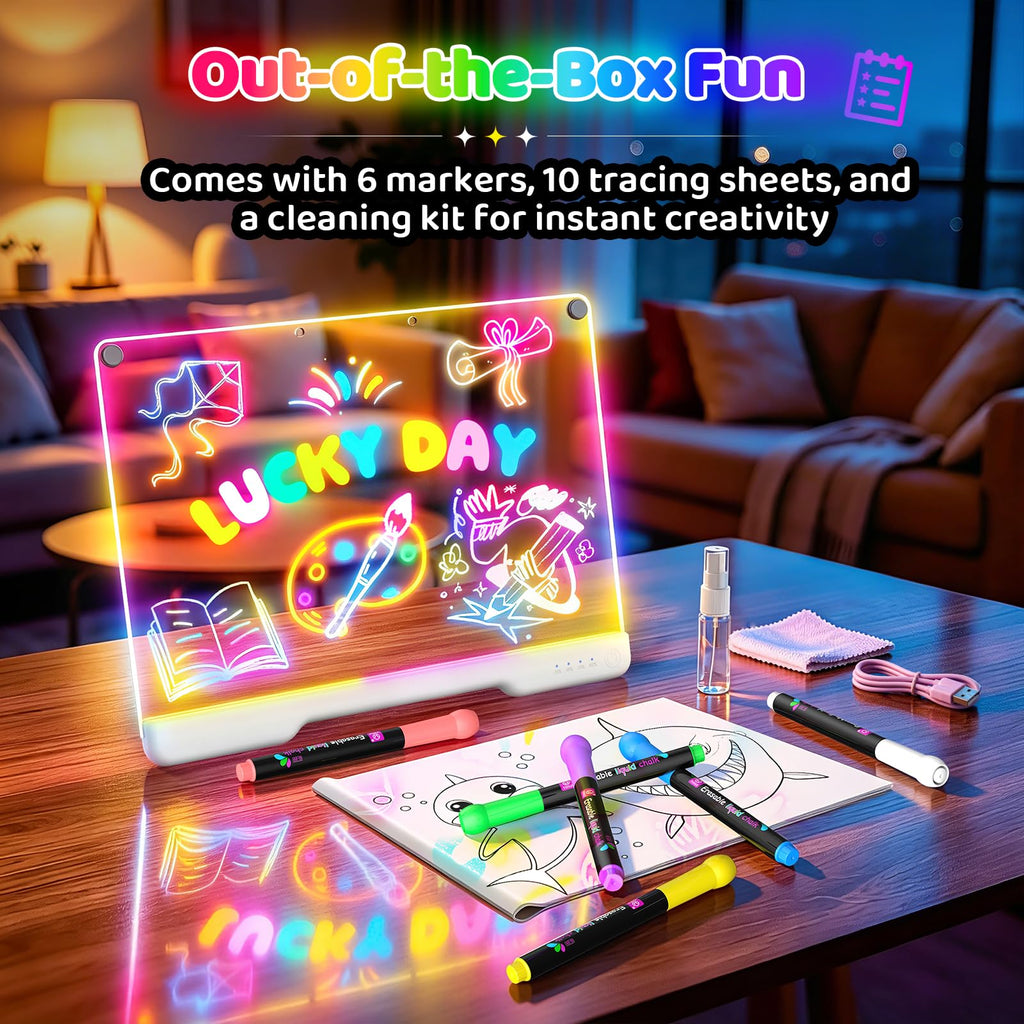 LED Drawing Board with 9 Light Effects, Rechargeable 16" Glow Doodle Note Message Board with Colors, Neon Light Up Drawing Pad Gift Ideas for Kids, Birthday, Christmas with Markers & Tracing Book