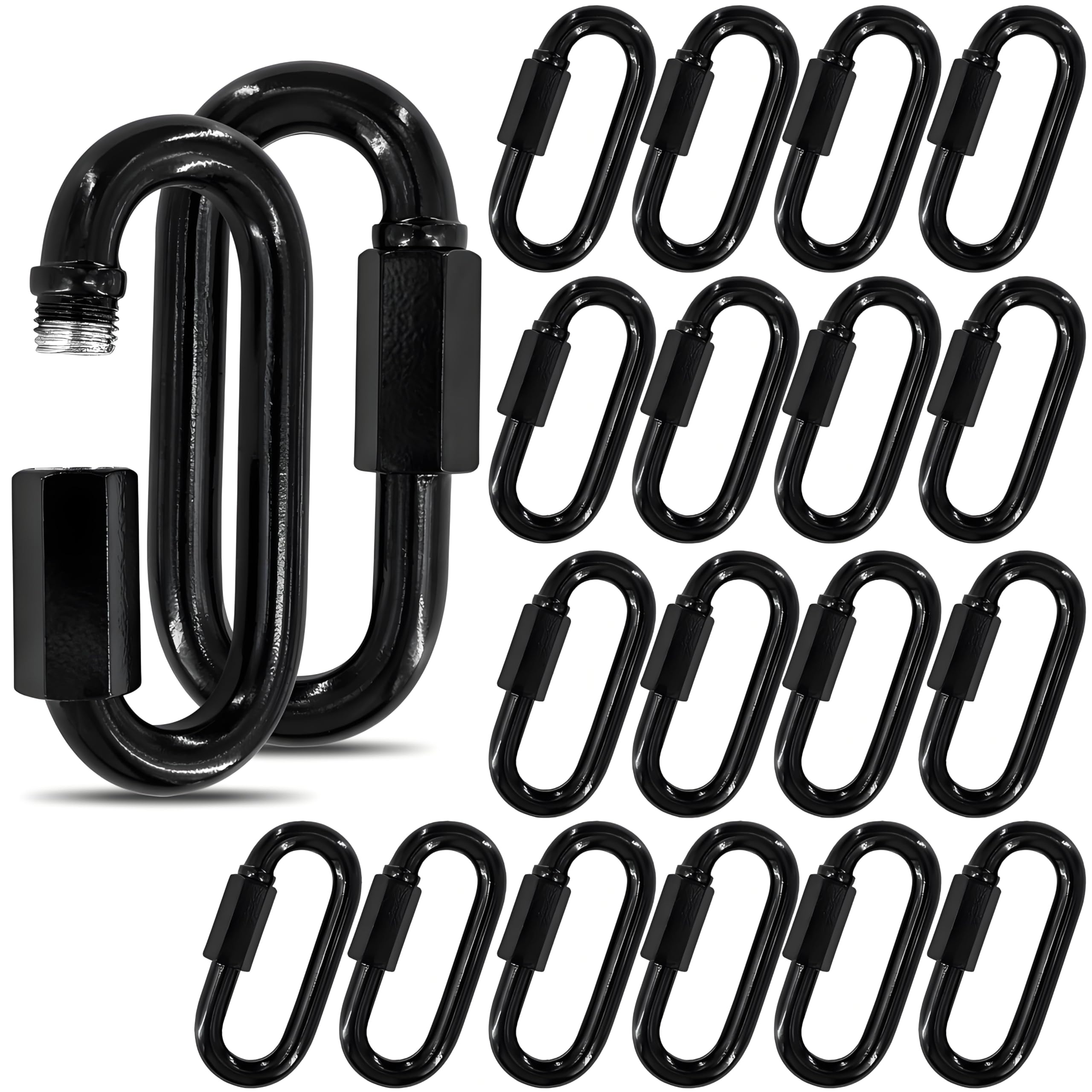 3.5" Black Chain Quick Link, 20 Pcs 3/8" Heavy Duty Locking Carabiner, 2000 LBS Capacity, Durable Chain Connector for Hanging Keys, Dog Leash, and Fence Gates