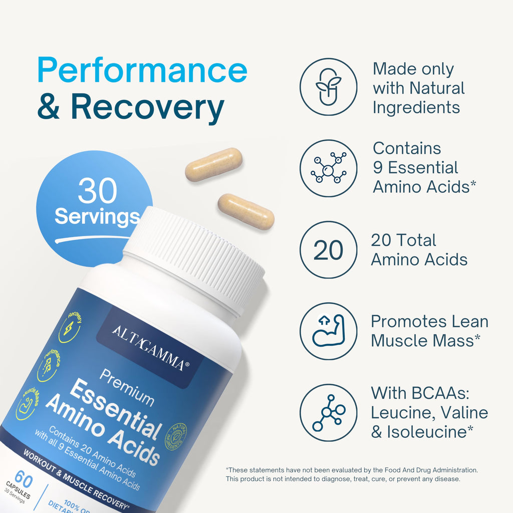 ALTAGAMMA Pure Amino Acids Complex - Protein for Pre/Post Workout, Energy & Muscle Recovery - 9 Essential Amino Acids Supplement (EAA) & BCAAs - Leucine, Lysine, L Tyrosine, L Arginine, 60 Capsules