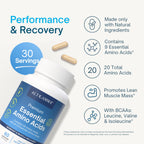 ALTAGAMMA Pure Amino Acids Complex - Protein for Pre/Post Workout, Energy & Muscle Recovery - 9 Essential Amino Acids Supplement (EAA) & BCAAs - Leucine, Lysine, L Tyrosine, L Arginine, 60 Capsules