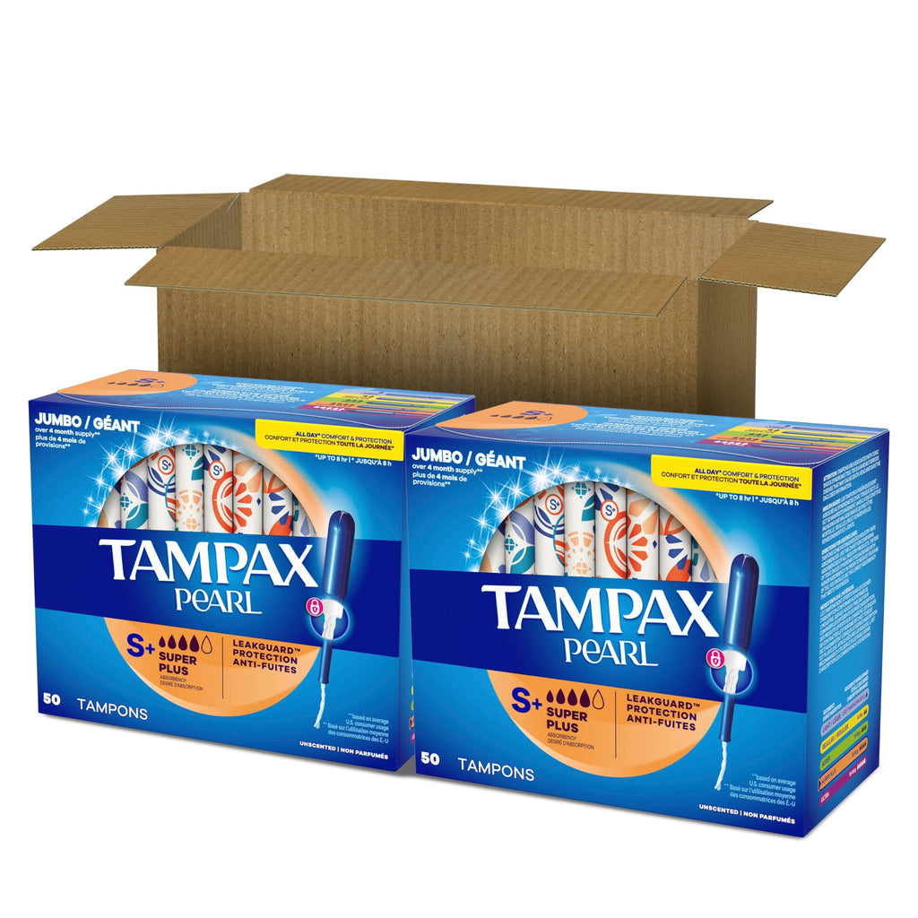 Tampax Pearl Tampons for Women, with LeakGuard Braid, Super Plus Absorbency, Unscented, 100 Count (2 Packs of 50)