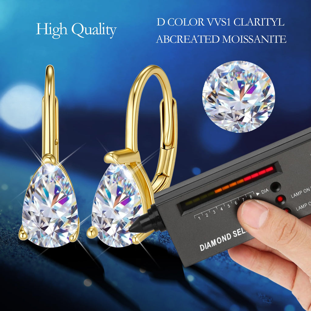 2.0ct Gold Teardrop Moissanite Diamond Earrings for Women with Leverback