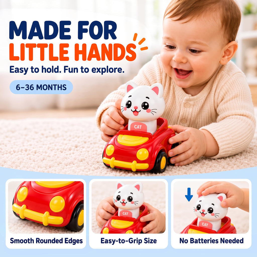 Press to Go Cars for Toddlers 1-3, 4-Pack Animal Toys for 1 Year Old Boy