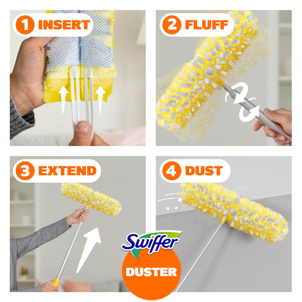 Swiffer Duster Kit with 6 ft Super Extendable Handle, Heavy Duty Starter Kit with 8 Refills, Lemon Scent