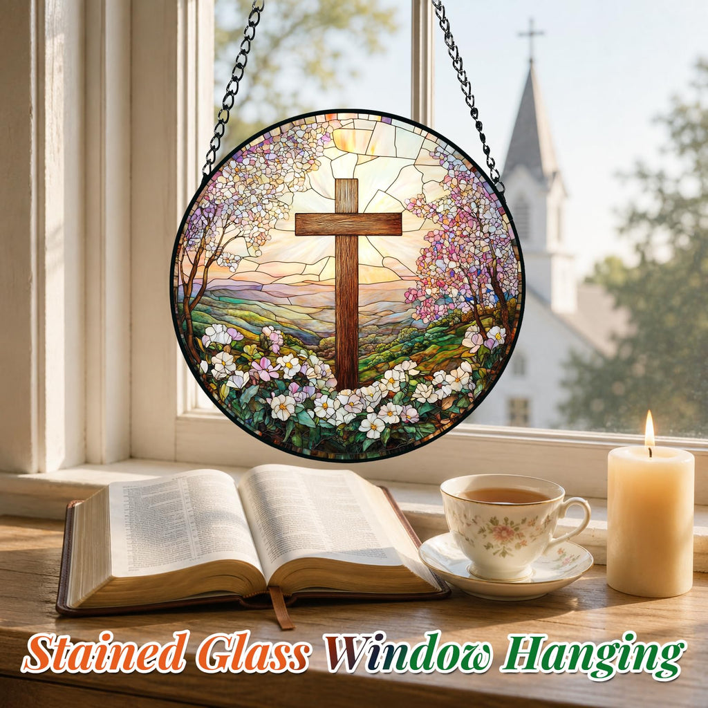 Cross and Wildflowers Stained Glass Sun Catcher Christian Window Hanging
