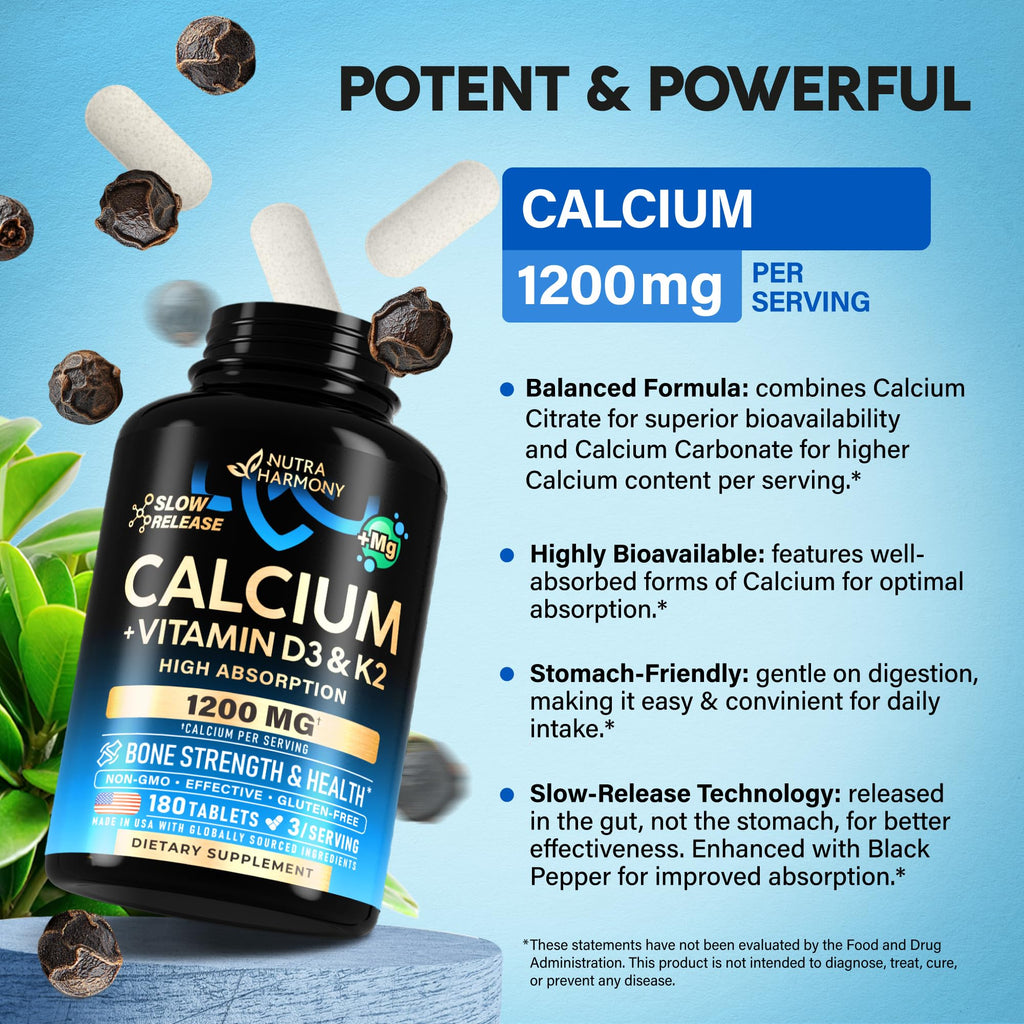 Calcium 1200 mg with Vitamin D3 - Calcium Citrate Supplements for Women & Men - Bone Health, Strength & Density - High Absorption & Slow Release - Lab Tested, Made in USA - 180 Tablets, 60 Days Supply