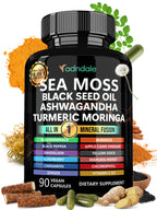 Adndale Sea Moss Black Seed Oil Ashwagandha Ginger Capsules. SeaMoss Capsules with Black Seed Oil, Ashwagandha, Turmeric, Moringa, Bladderwrack, Burdock Root, Manuka Honey, Cinnamon