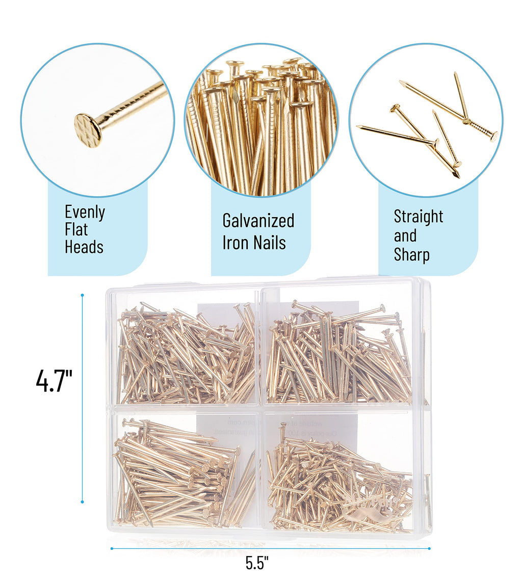 Mr. Pen- Nail Assortment Kit, 600 Pcs, 4 Sizes, Gold Picture Hangers