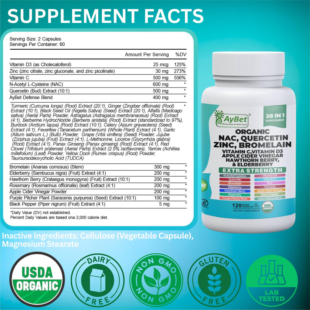 NAC-n-acetyl cysteine- Quercetin Zinc Bromelain Supplement | Extra Strength with Vit C, D3, Apple Cider Vinegar, Elderberry, Hawthorn Berry, Turmeric | Immune Support|120 Vegan Capsules | USDA Organic