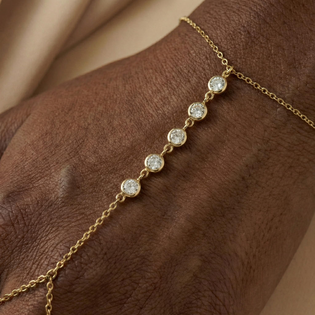 Faire de la Mode 5 CZ Diamond Ring Bracelet, 14K Gold Plated Hand Chain