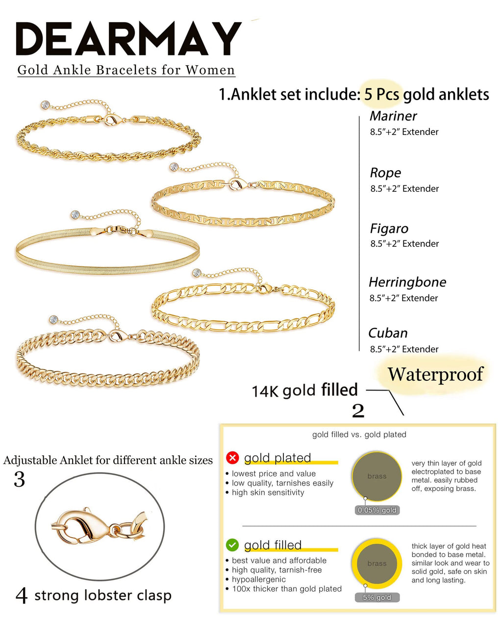 DEARMAY 14K Gold Plated Anklets Waterproof