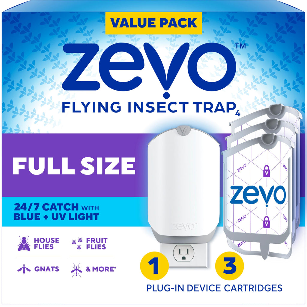 Zevo Flying Insect Trap - Plug-in Indoor Fly Trap and Bug Light Trap Refill with Blue and UV Light - No-Mess Cartridge for House Flies, Fruit Fly Trap and Gnats (1 Plug-in Base and 3 Cartridges)