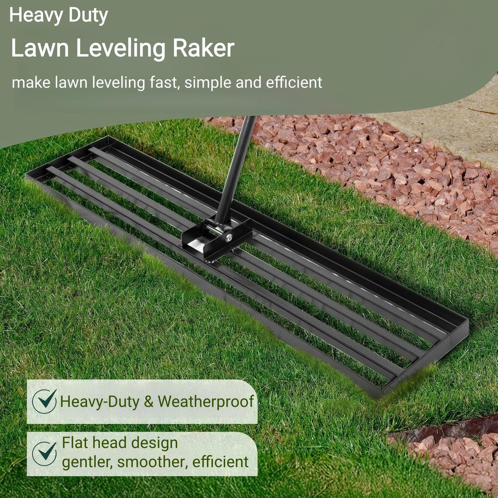 Lawn Leveling Rake, 42” x 10” Leveling Rake，Lawn Leveler w/ 72” Long Non-Slip Handle, Level Lawn Tool for Grass, Golf Field, Level Soil or Dirt Ground