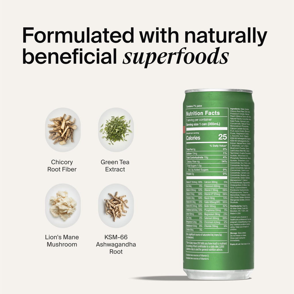 Huel Daily Greens Ready-to-Drink | Peach Hibiscus Superfood Greens | 91 Vitamins, Minerals, and Wholefood-Sourced Ingredients | Adaptogens, Antioxidants, Gut-Friendly Probiotics | 12 Fl Oz, 12 Pk