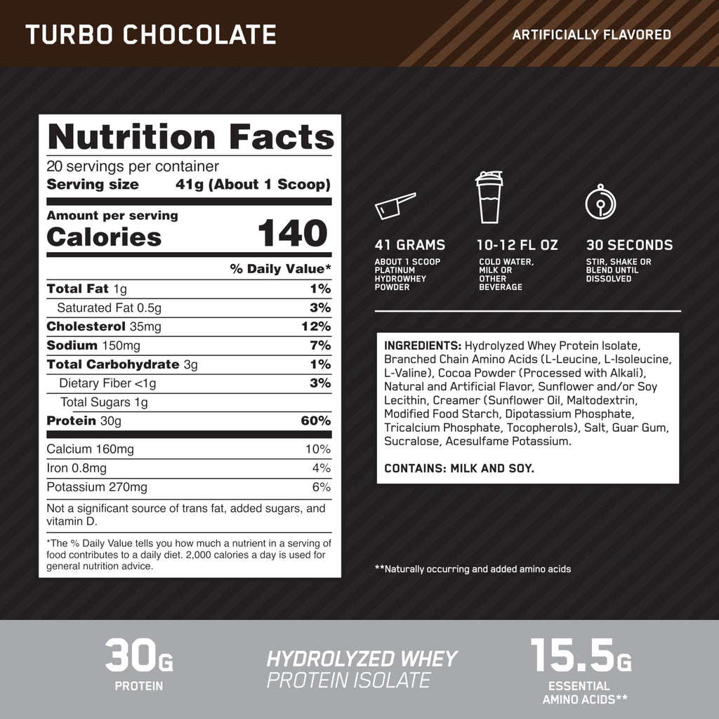 Optimum Nutrition Platinum Hydrowhey Protein Powder, 100% Hydrolyzed Whey Protein Isolate Powder, Flavor: Turbo Chocolate, 20 Servings, 1.8 Pounds (Packaging May Vary)