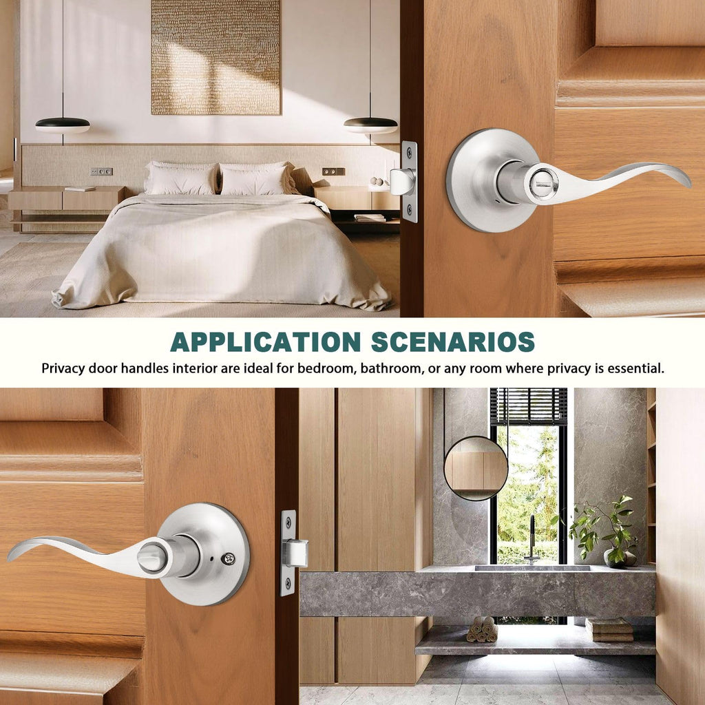 GOBEKOR 5 Pack Brushed Nickel Door Handle Interior Door Levers Privacy for Bedroom Bathroom Door Lock Keyless Wave Lever Door Handles