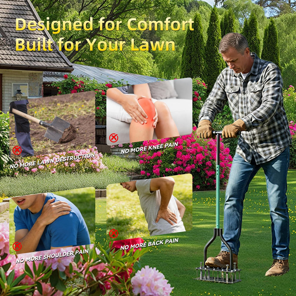 Lawn Aerator Tool with Dual-Layer Self-Cleaning Spikes, 15 Spike Heavy Duty Manual Lawn Aerator for Compact Soil, Anti-Clog Grass Aerator for Yard, Garden & Lawn Care