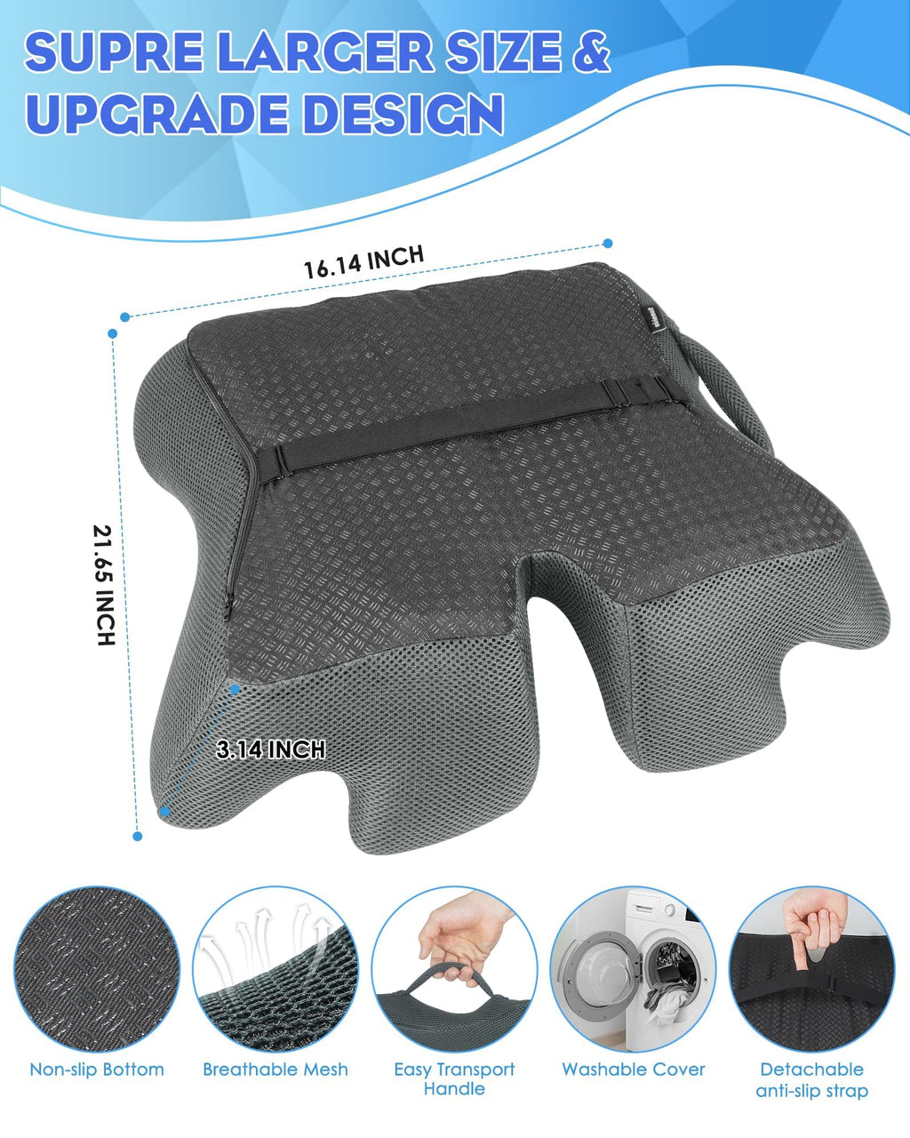 KFM 16" Large Memory Foam Seat Cushion Thick for Long Sitting Pressure Tailbone Pain Relief Height Adjustable with Retaining Strap for Office, Gaming Chair, Car, Wheelchair (Grey)