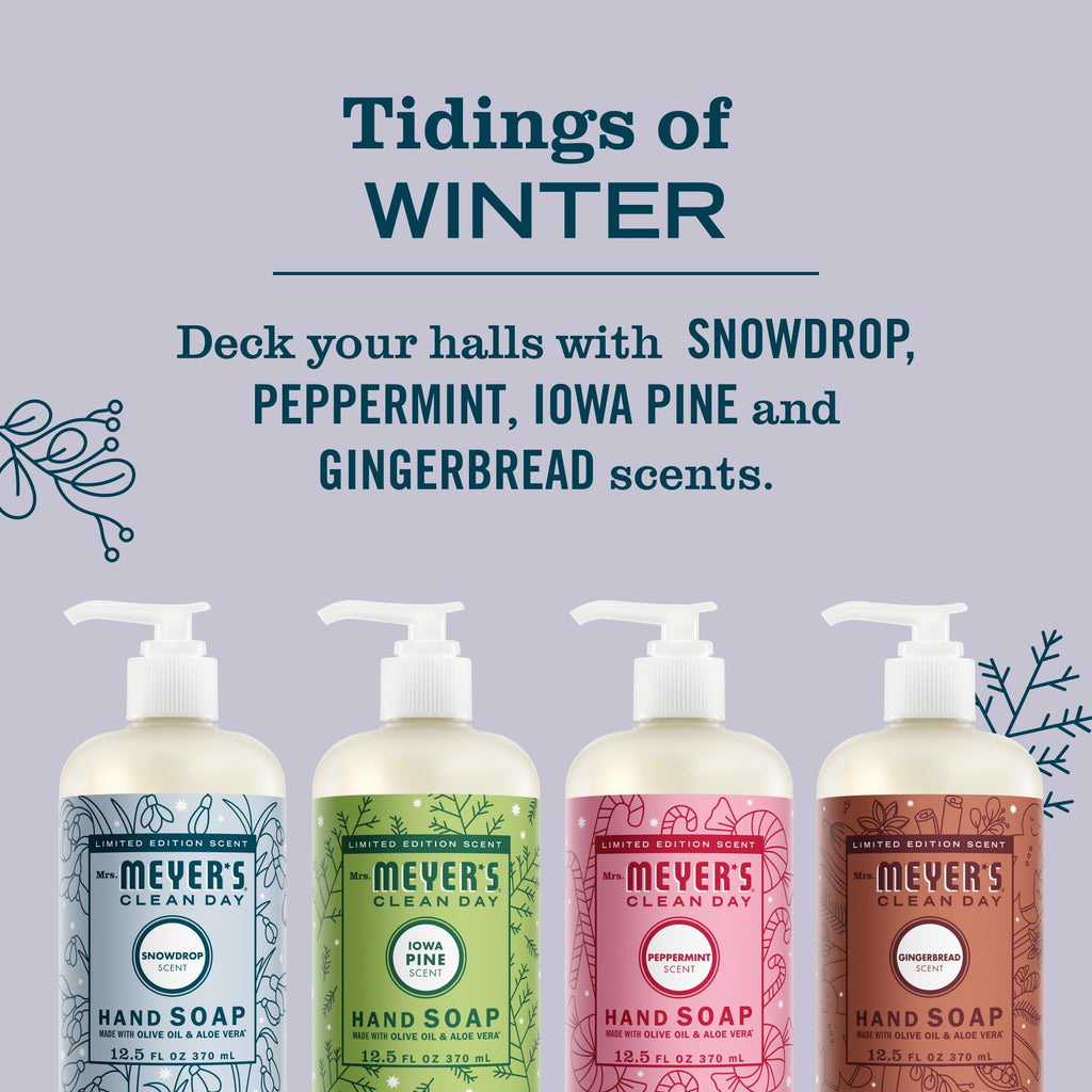 Mrs. MEYER'S Clean Day Holiday Hand Soap Set, Includes Peppermint, Iowa Pine, Snowdrop, Gingerbread