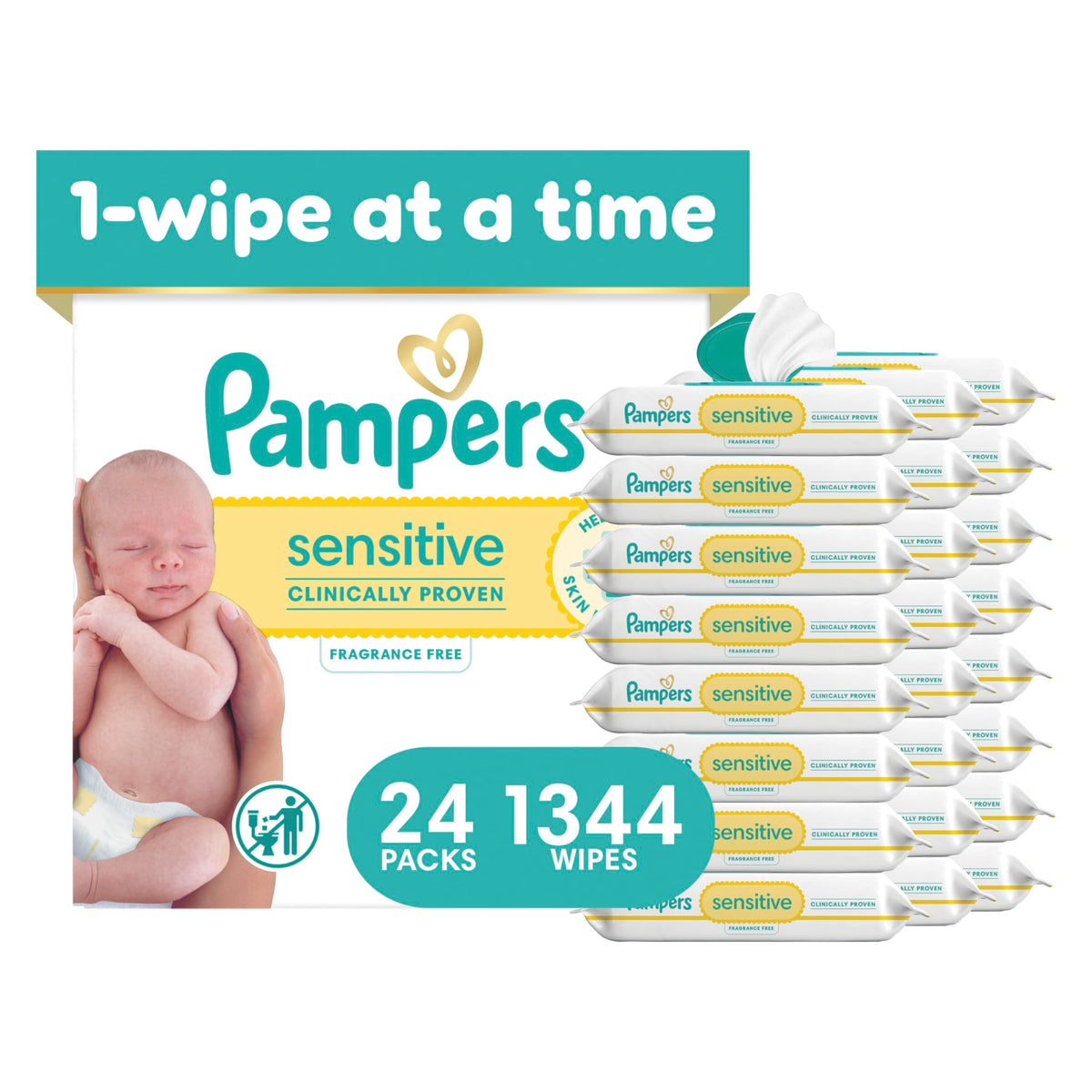 Pampers Sensitive Baby Wipes, Unscented, Fragrance Free, Clinically Proven, Water Based, Hypoallergenic, Multi-Use, Hand Wipes, 1344 Wipes Total (24X Flip-Top Packs)