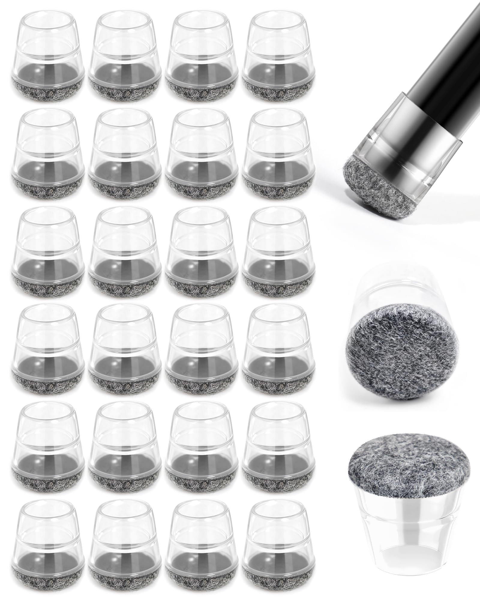 yomanta 24 PCS Silicone & Felt Chair Leg Floor Protectors - Scratch Proof & Noise Reducing Furniture Caps for Hardwood Floors - Round XS Fits 9/16" to 12/16" (15–19mm), Gray