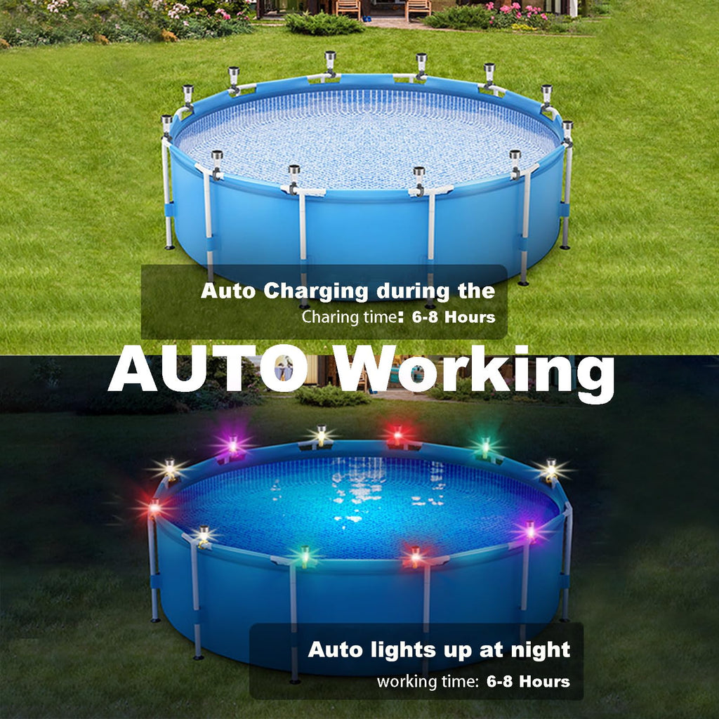 LILITUAN Solar Pool Lights for Above Ground Pools, 10 Pack Waterproof Above Ground Pool Lights, Dusk to Dawn Auto On/Off Decorative Night Lights for Frame Pool, Outdoor Railings (Colour Light)