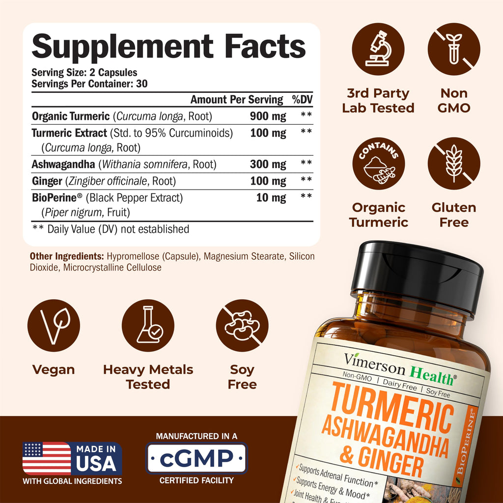 Ashwagandha Organic Turmeric Curcumin Supplement with Ginger Root & Black Pepper – Joint Health, Energy & Immune Support – Antioxidant Blend with 95% Curcuminoids – 2 Pack