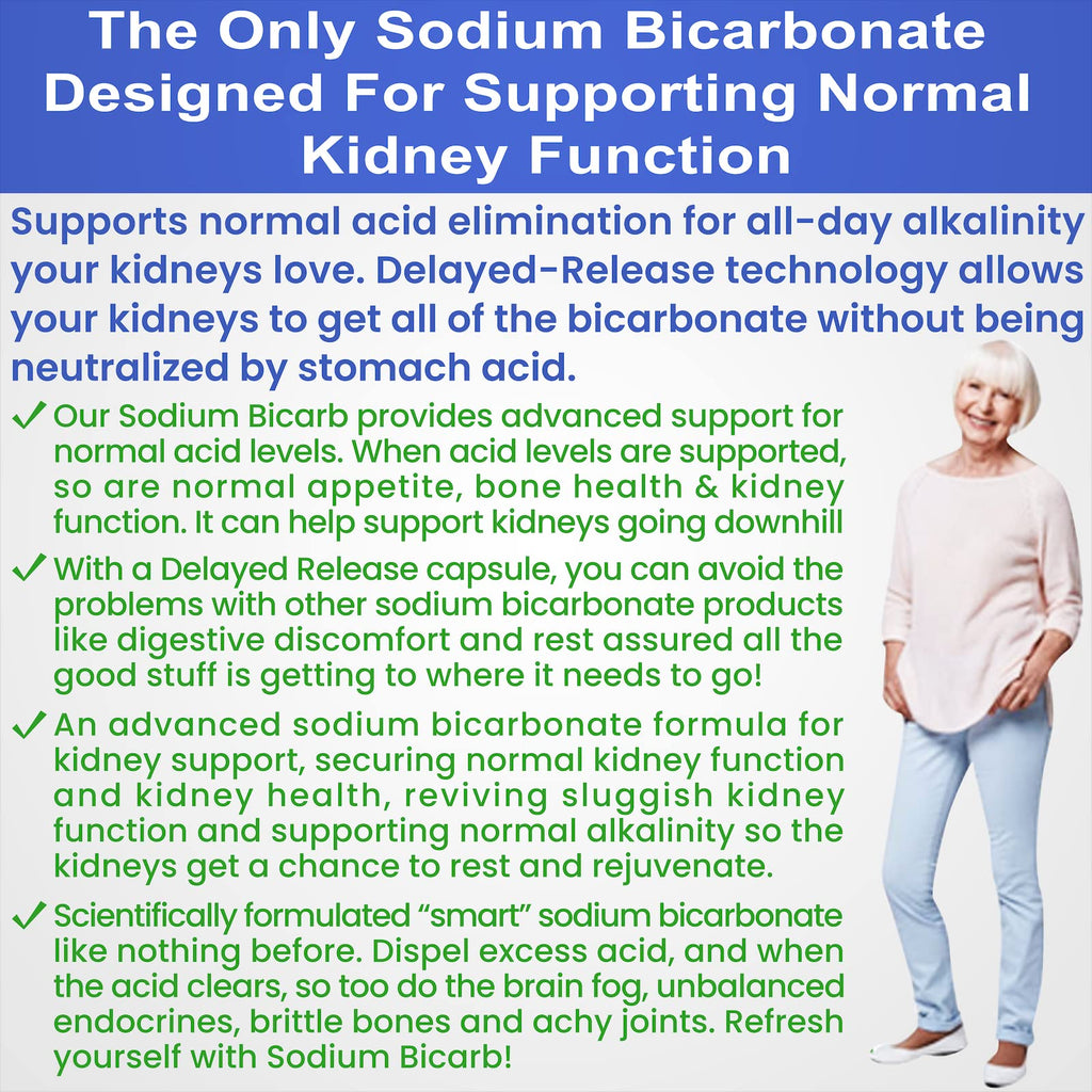Sodium Bicarbonate 650mg Capsules Delayed Release for Supporting Normal Kidney Function & Kidney Health Supplement. Sodium Bicarbonate Designed for Kidney Support, Acid Relief, Alkalinity 120 Pills