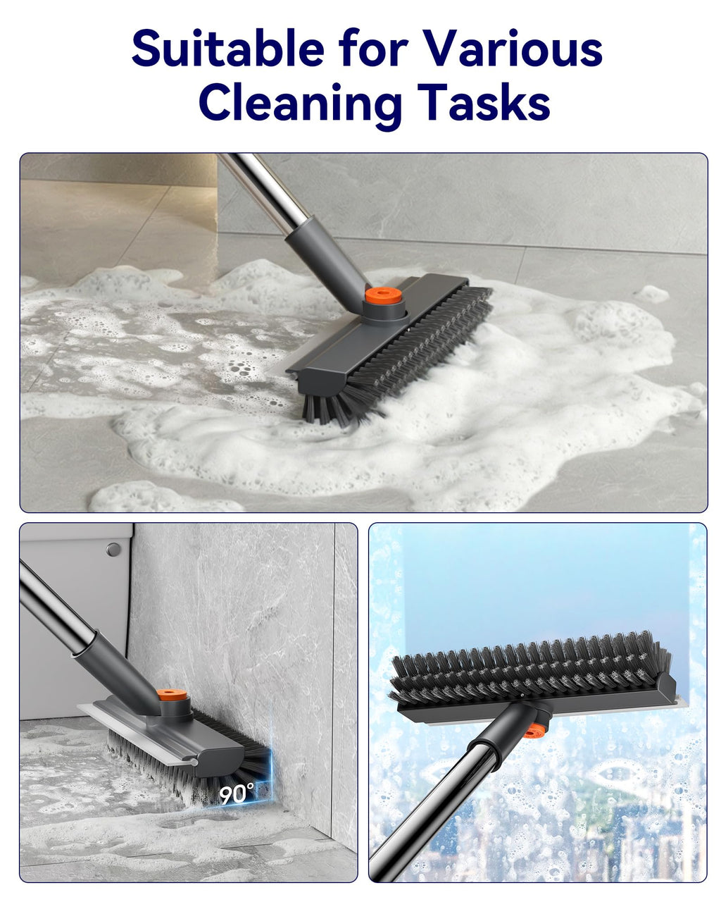 HelpX Small Floor Scrub Brush with Length Adjustable Long Handle, 3 in 1 Heavy-Duty Stiff Bristle Scrubber Brush with Squeegee and Tweezer for Cleaning Bathroom, Tile, Deck, Patio, Garage and Kitchen