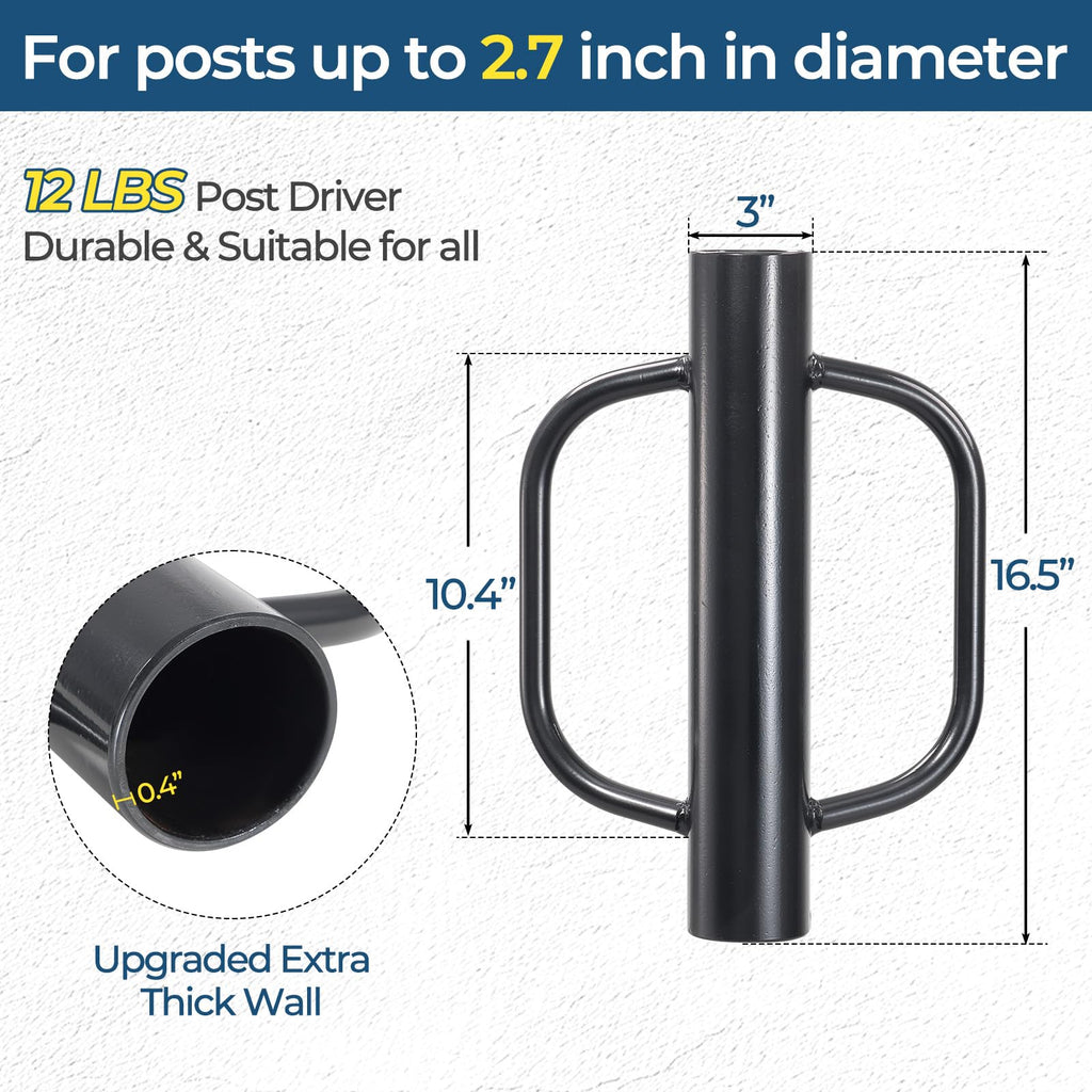 Fence Post Driver, 12LBS Fence Post Driver with Handle, 2.7 inch Inner Diameter Hand Post Pounder, Heavy Duty T Post Rammer Driver Tool for Wooden Post U Channel Fence Post Metal Post, Black 17 Inch